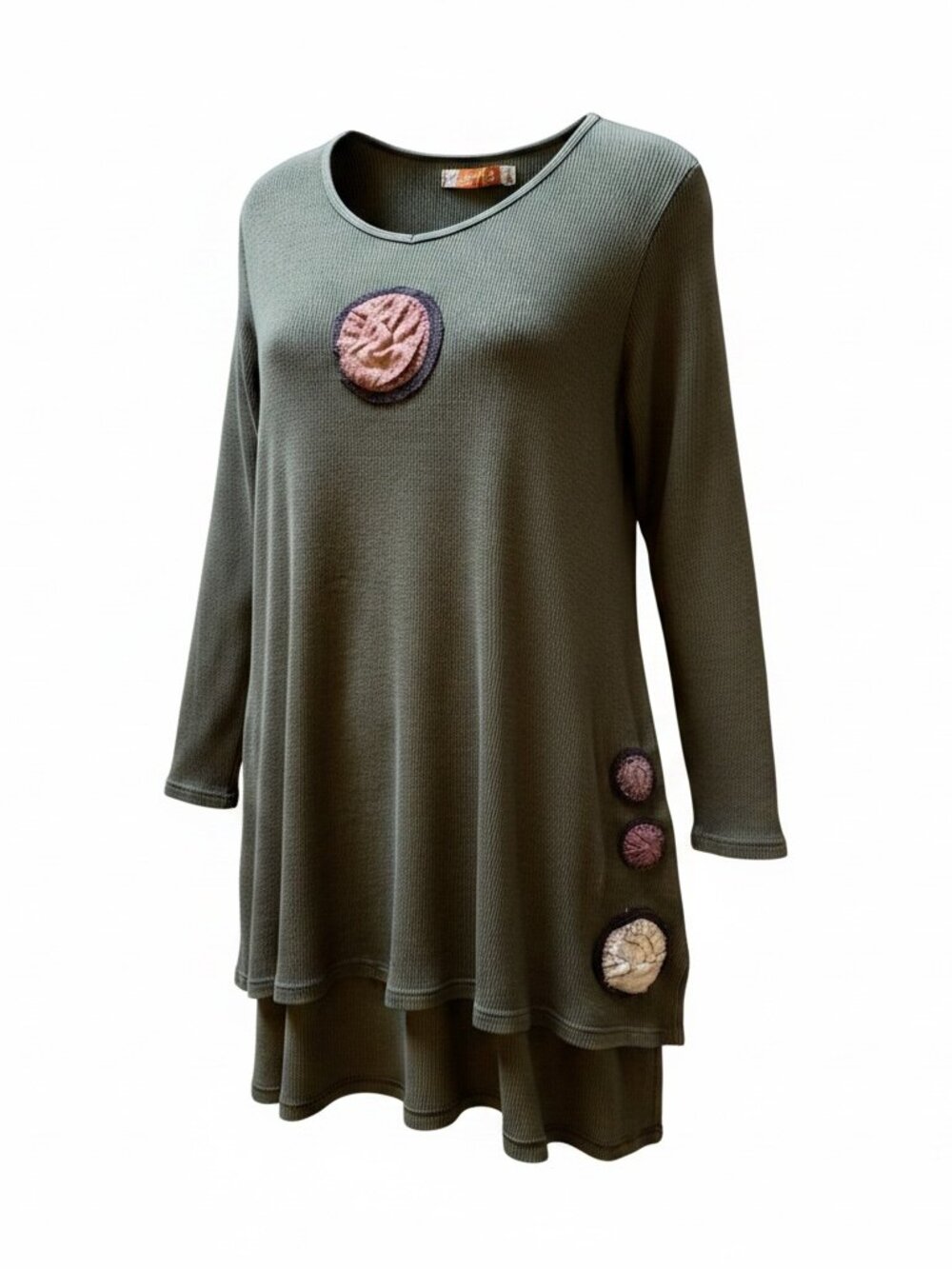 Blue Fish Tunic OSFA Olive Green Layered Hem Organic Cotton Lagenlook Artsy Boho